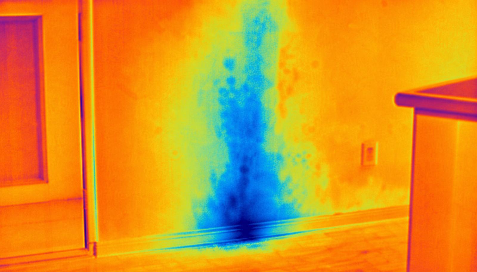 Exemple d'image thermique montrant une zone froide en bleu sur un mur, révélant une fuite d'eau cachée