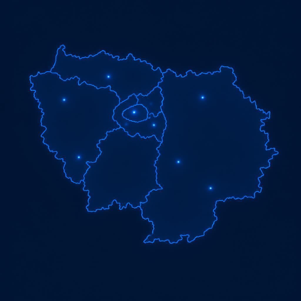 Carte technique de l'Île-de-France et de ses 8 départements couverts par GIC Détect Fuite