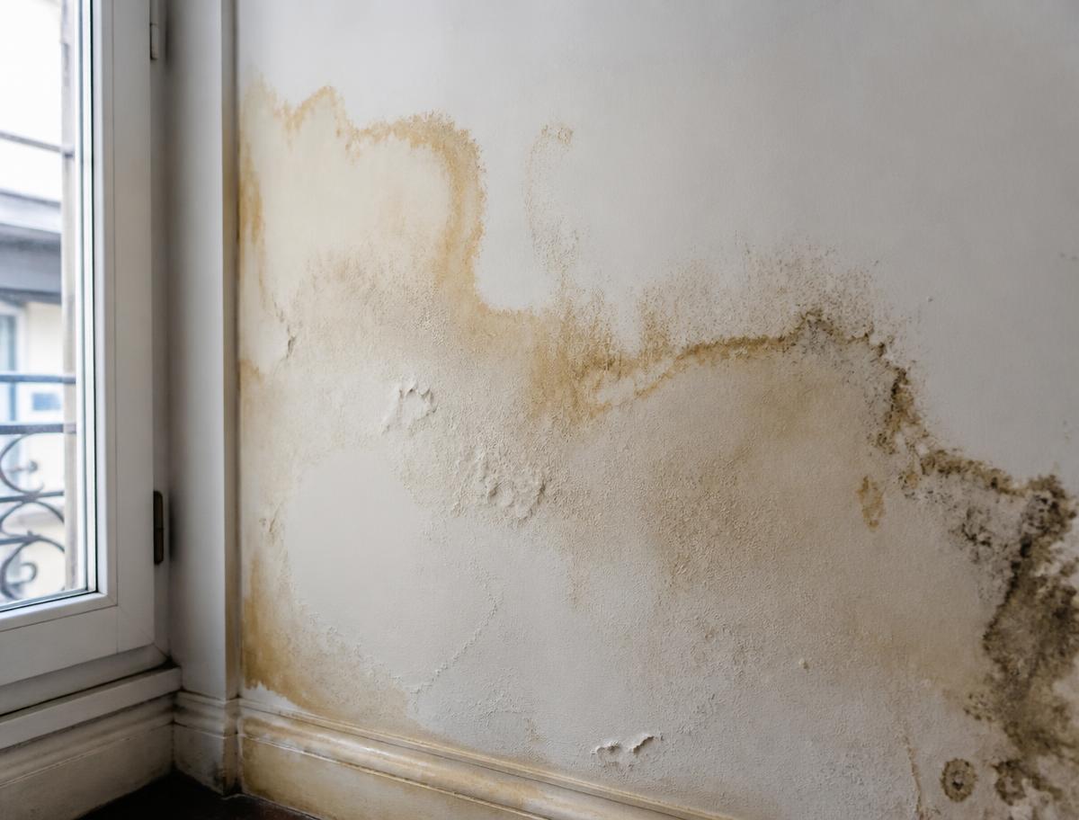 Mur intérieur champignois marqué par l'humidité et les remontées capillaires