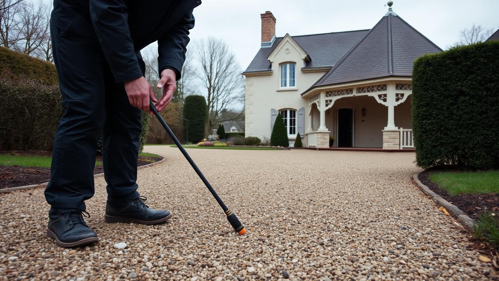 Technicien GIC utilisant un micro de sol sur une allée gravillonnée lors d'une recherche de fuite à Achères