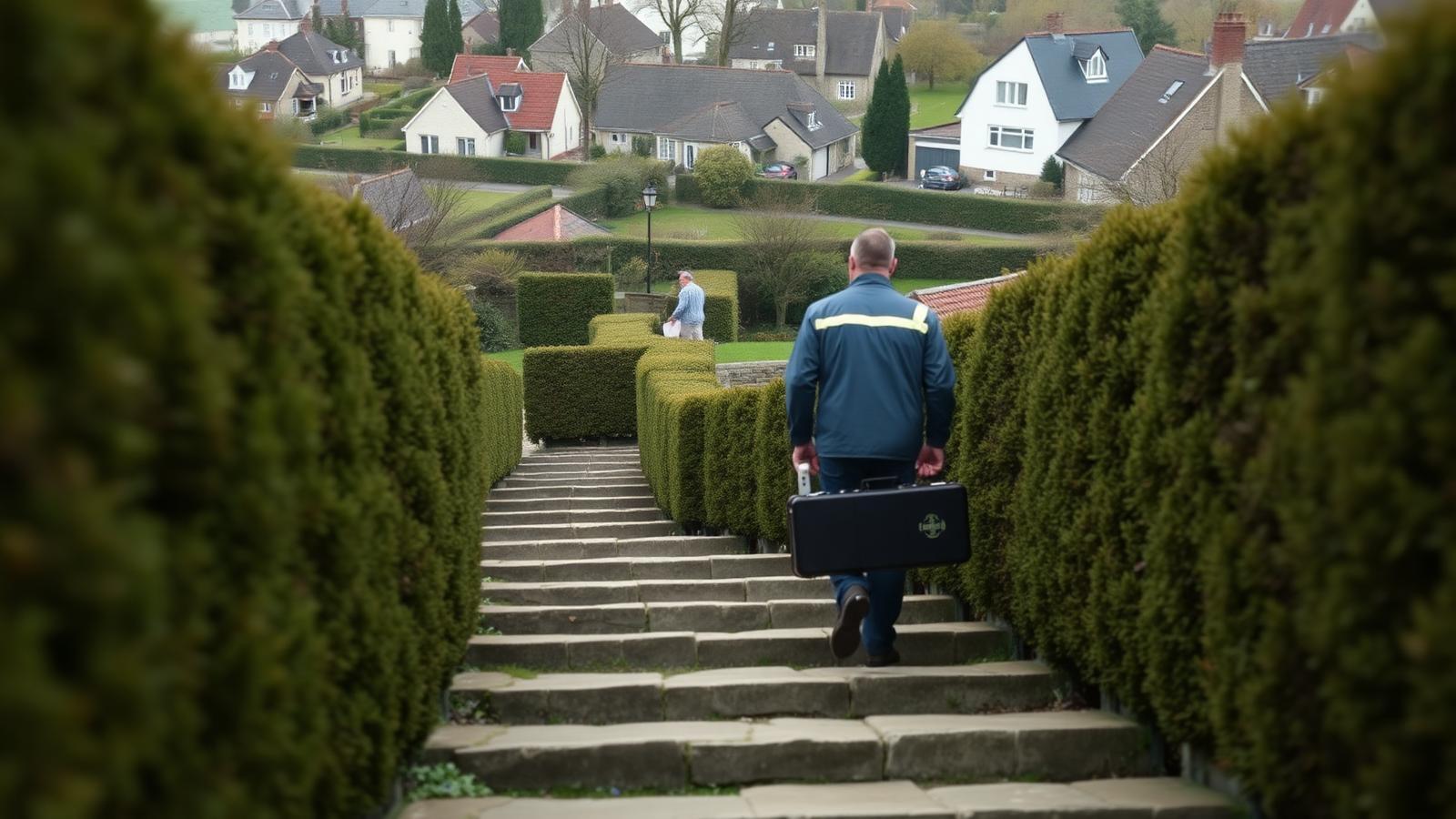 Technicien GIC descendant un escalier de jardin en pente pour une recherche de fuite à Andrésy