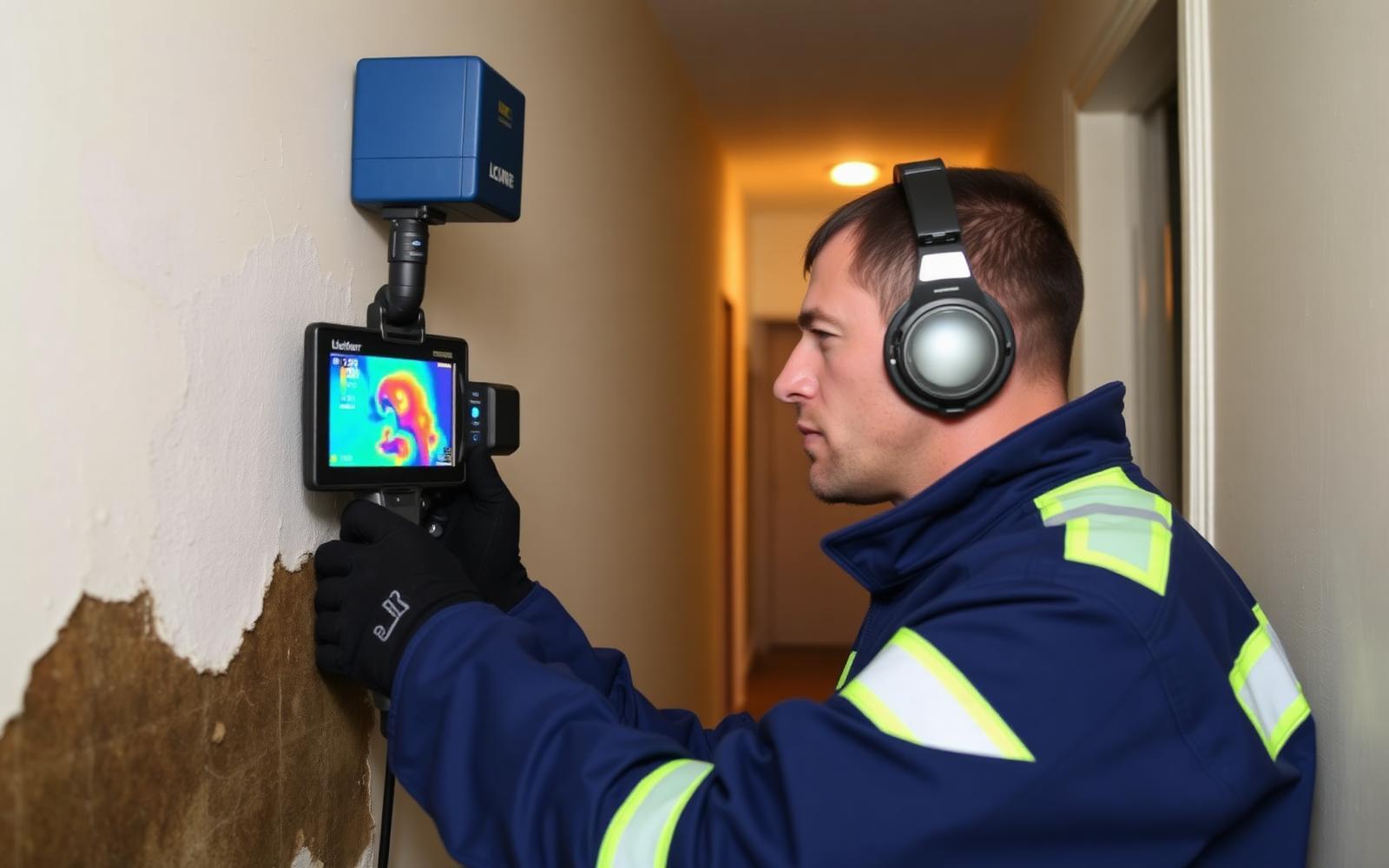 Technicien GIC contrôlant un mur humide à la caméra thermique dans un logement d'Argenteuil