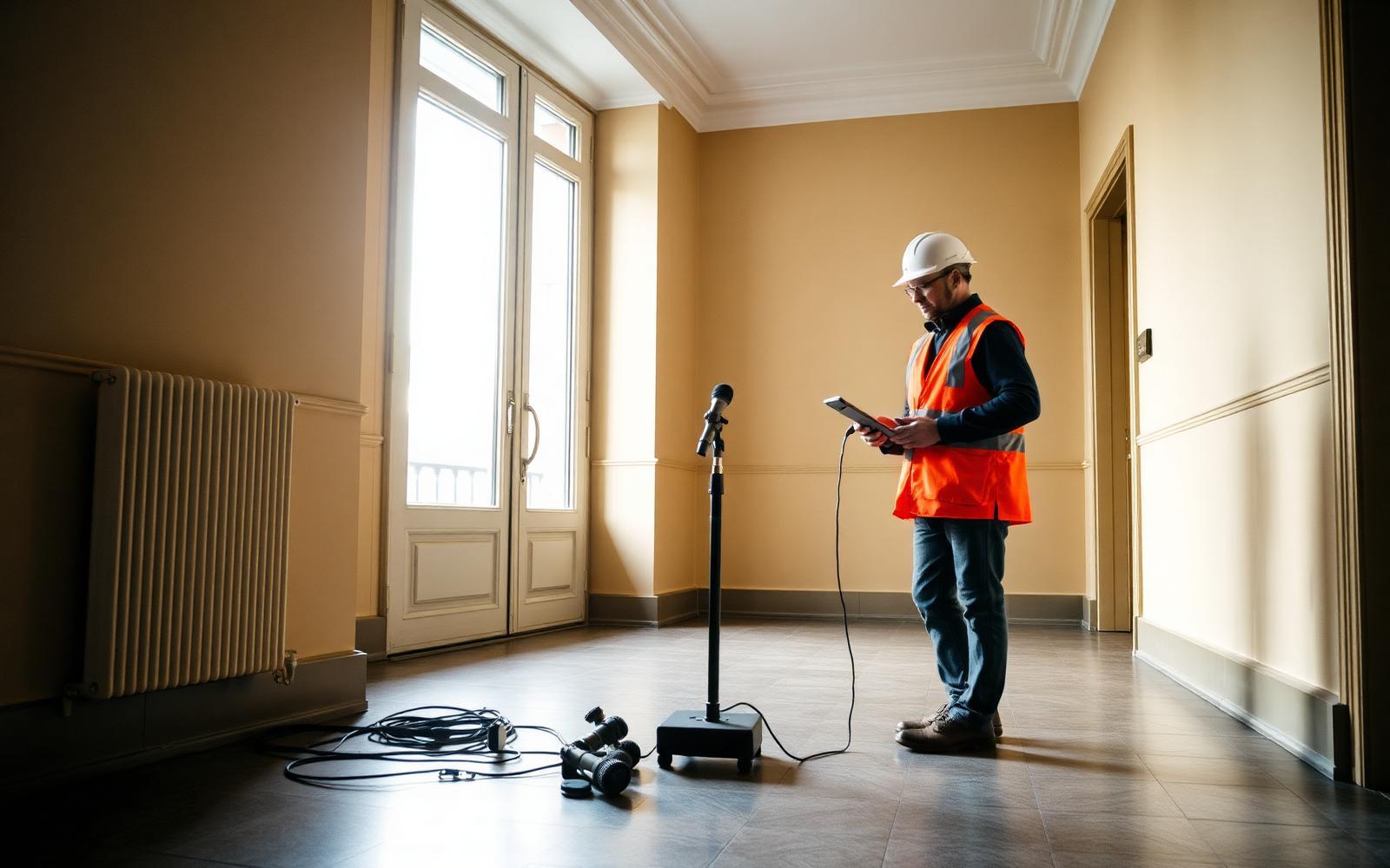 Technicien GIC en écoute acoustique dans les parties communes d'un immeuble de Boulogne-Billancourt