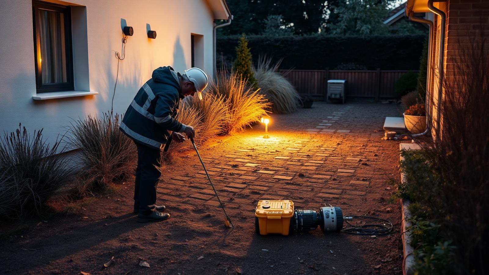 Technicien GIC utilisant une sonde de gaz traceur dans le jardin d'une maison récente à Bussy-Saint-Georges