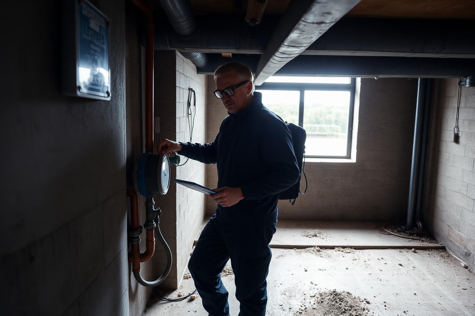Technicien GIC contrôlant un compteur d'eau dans le sous-sol technique d'un immeuble de Charenton-le-Pont