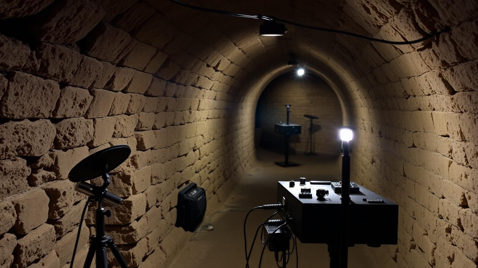 Technicien GIC réalisant une écoute acoustique dans une cave profonde à Châtillon