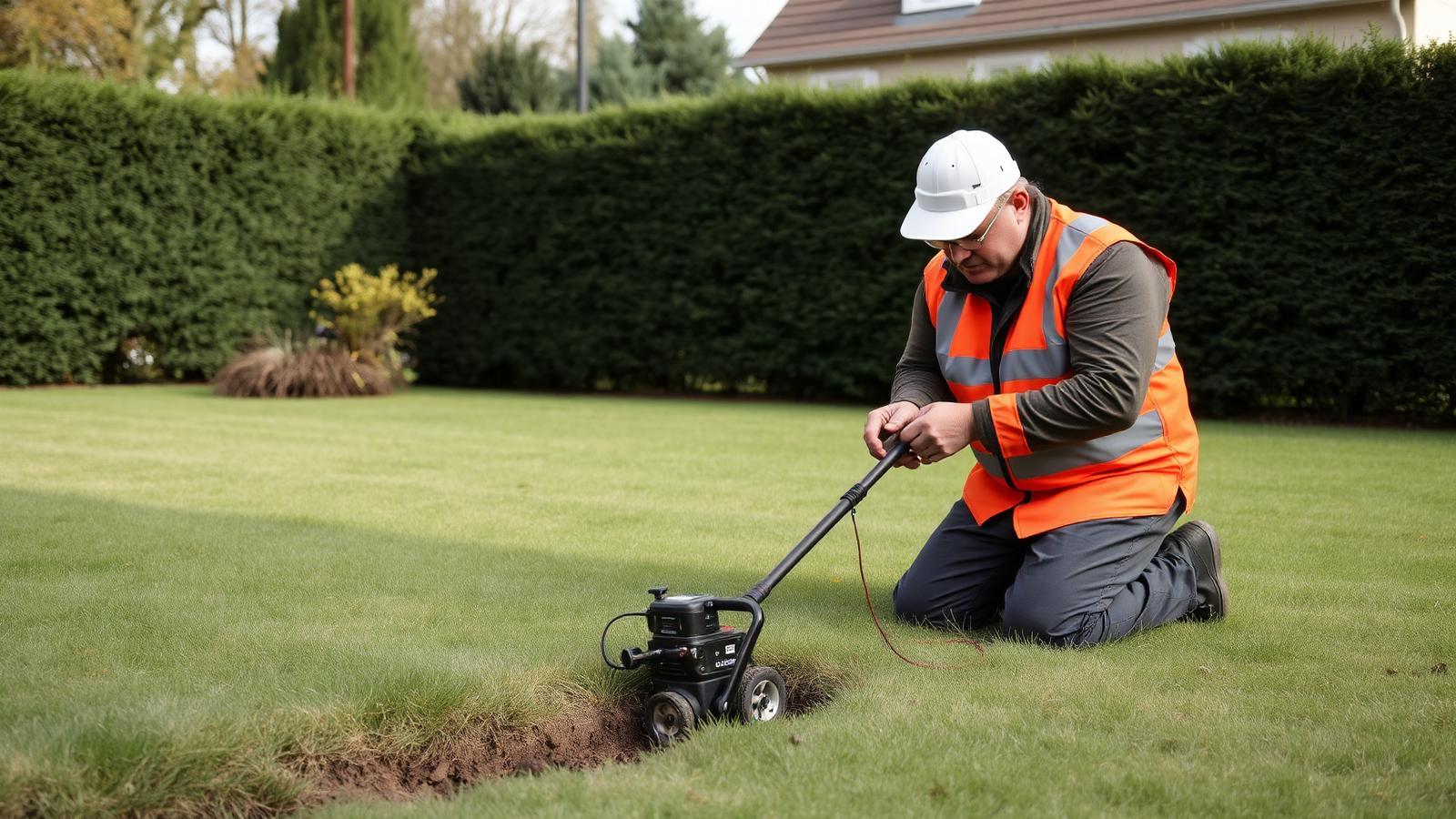 Technicien GIC recherchant un branchement enterré dans le jardin d'une maison de Chaville