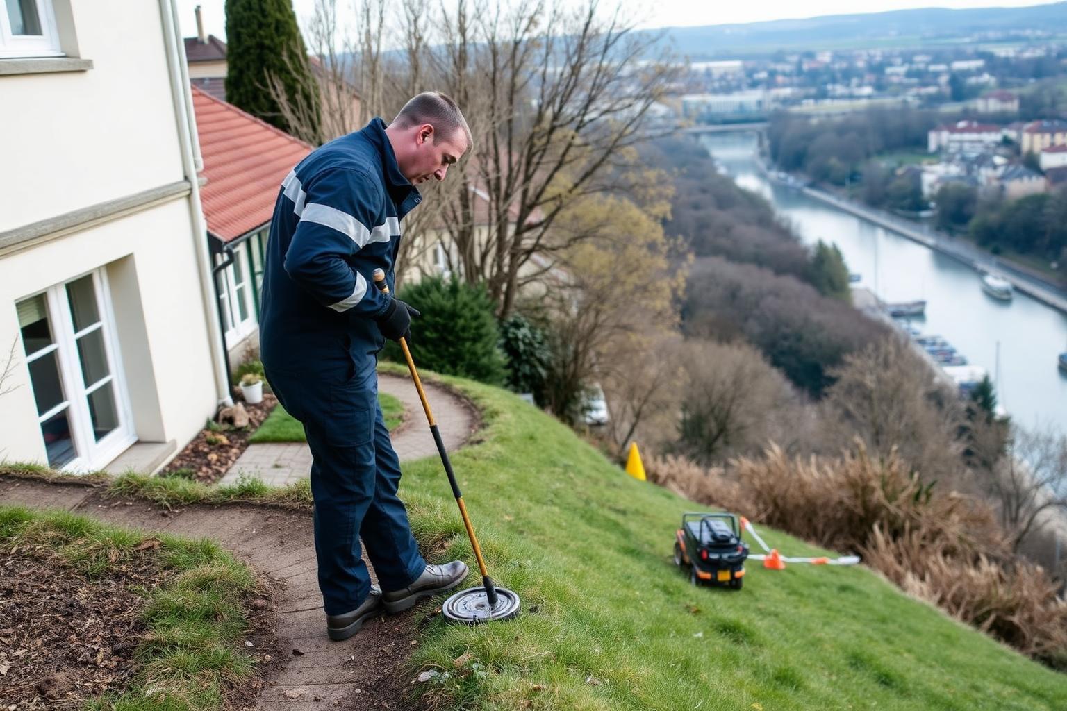 Technicien GIC en intervention sur un terrain en pente à Chennevières-sur-Marne
