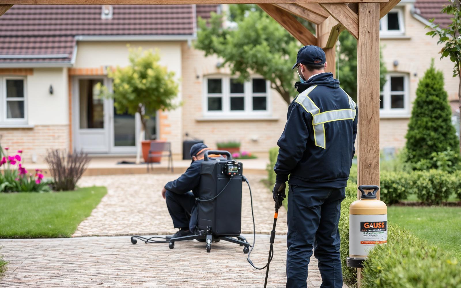 Technicien GIC réalisant une détection au gaz traceur dans le jardin d'un pavillon de Colombes