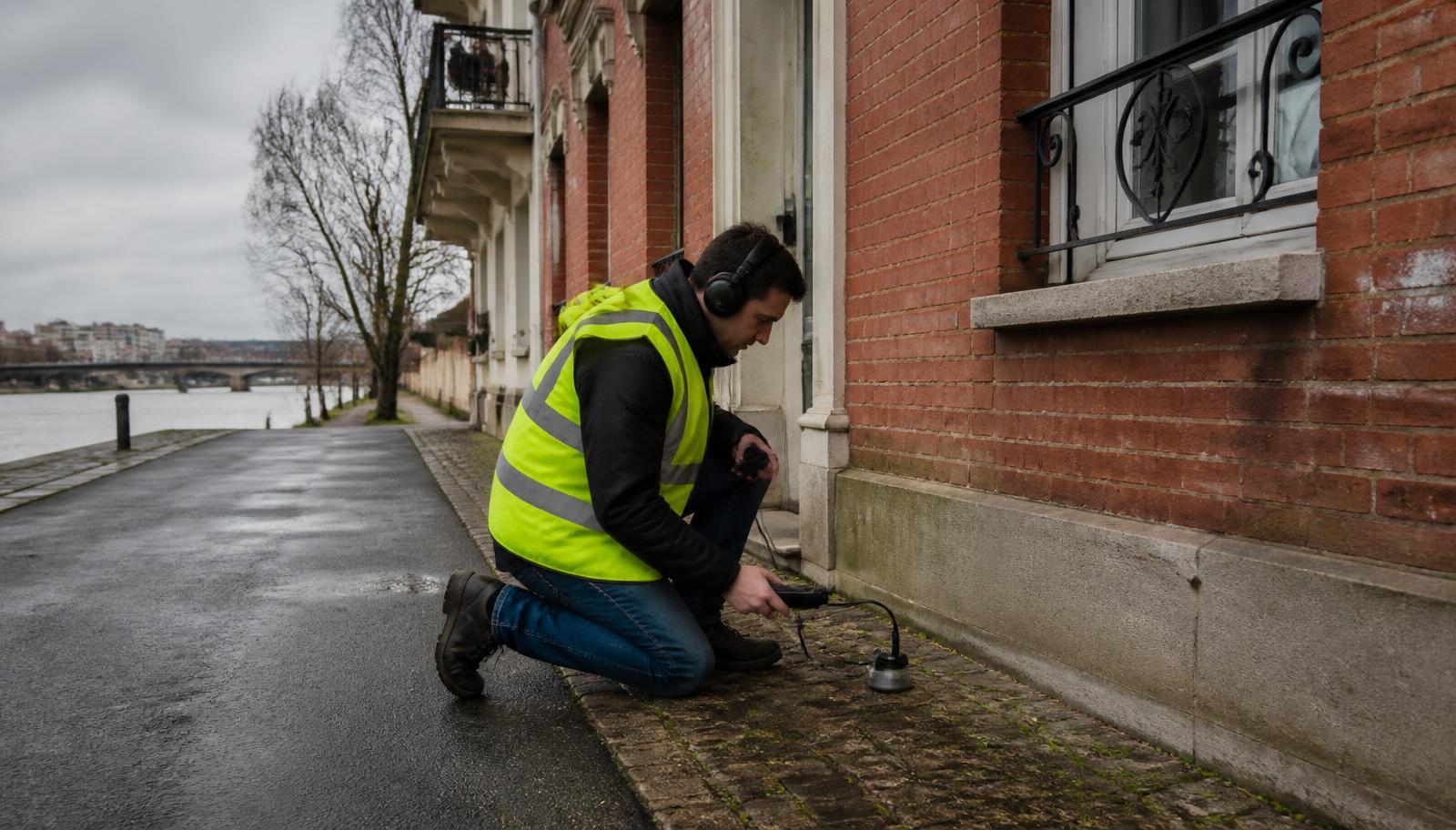 Technicien GIC en écoute acoustique au pied d'un immeuble ancien en brique à Corbeil-Essonnes