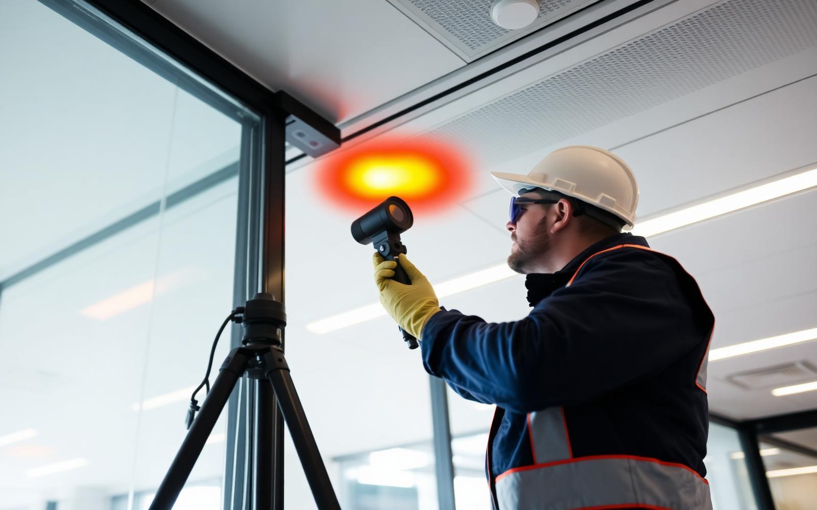 Technicien GIC inspectant le plafond d'un plateau de bureaux à la caméra thermique à Courbevoie