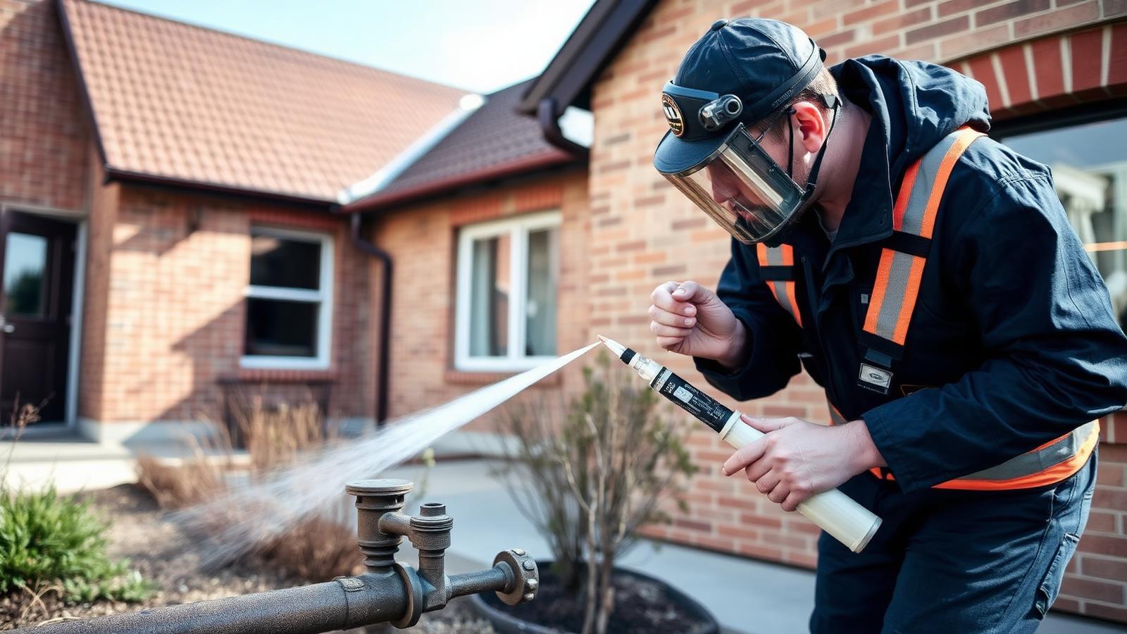 Technicien GIC injectant du gaz traceur sur une alimentation extérieure d'une maison de Drancy