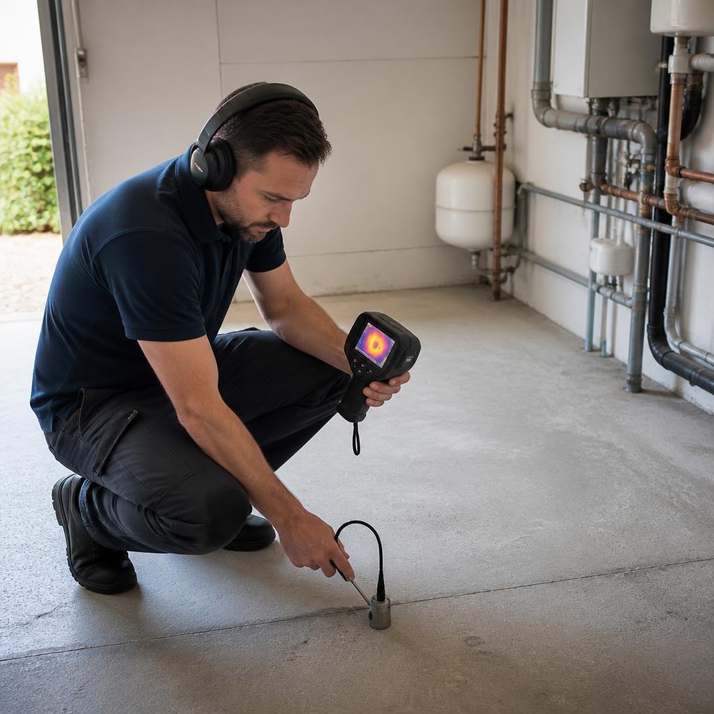 Technicien GIC Détect Fuite en écoute acoustique sur une dalle béton dans un pavillon de l'Essonne