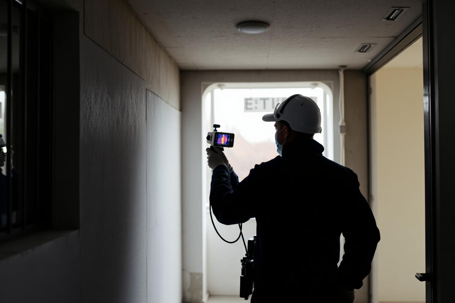 Technicien GIC utilisant une caméra thermique dans le hall d'une résidence de Fontenay-sous-Bois