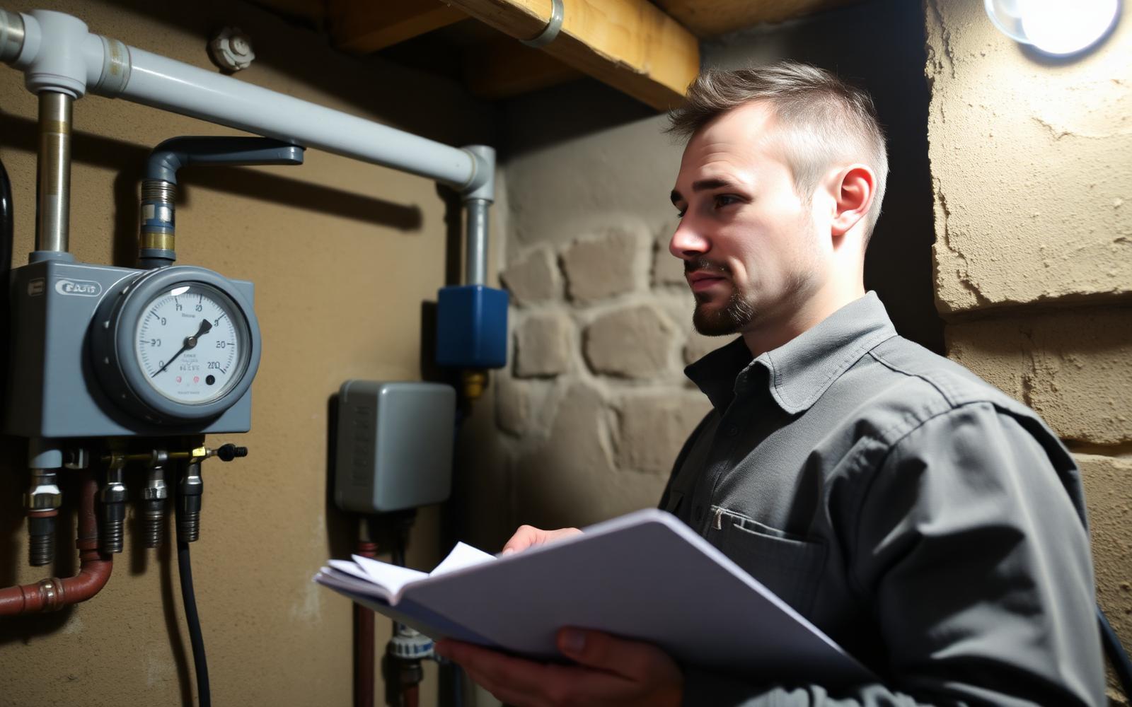 Technicien GIC relevant un compteur d'eau et un manomètre dans la cave d'un pavillon de Franconville