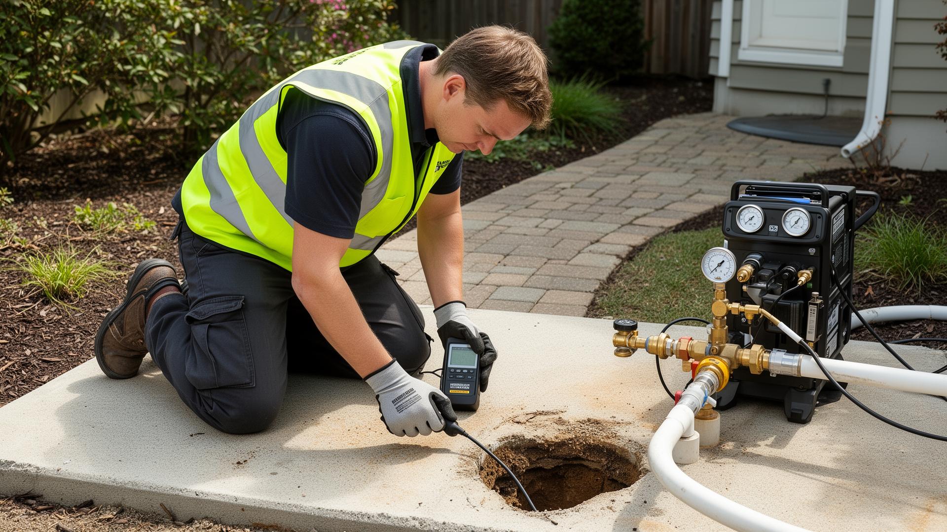 Technicien GIC utilisant un détecteur de gaz traceur sur canalisation enterrée