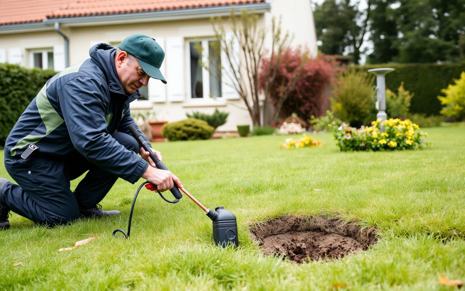 Technicien GIC utilisant une sonde gaz traceur sur la pelouse d'un pavillon de Goussainville