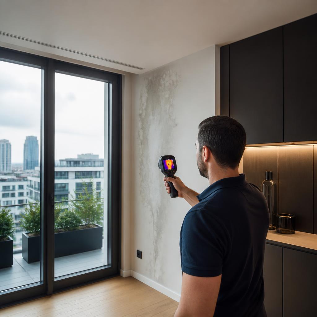 Technicien GIC Détect Fuite utilisant une caméra thermique dans un appartement des Hauts-de-Seine