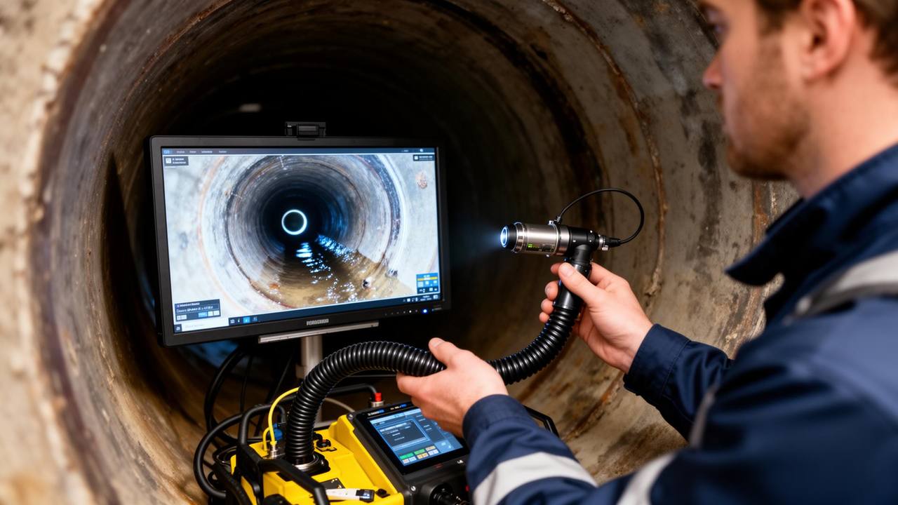 Technicien réalisant une inspection caméra de canalisation avec écran de contrôle