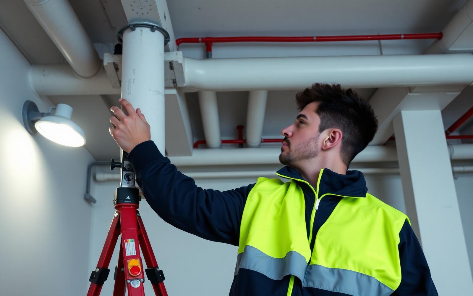 Technicien GIC contrôlant une colonne montante dans un local technique d'immeuble à Issy-les-Moulineaux