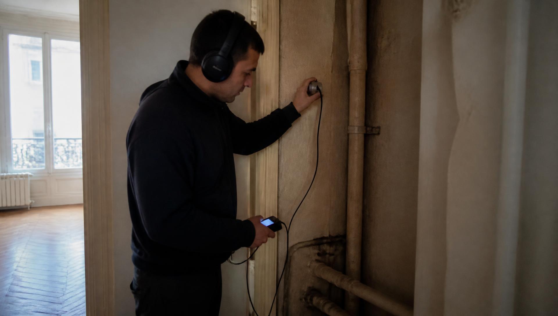 Technicien en détection acoustique sur un mur mitoyen dans un immeuble faubourien d'Ivry-sur-Seine