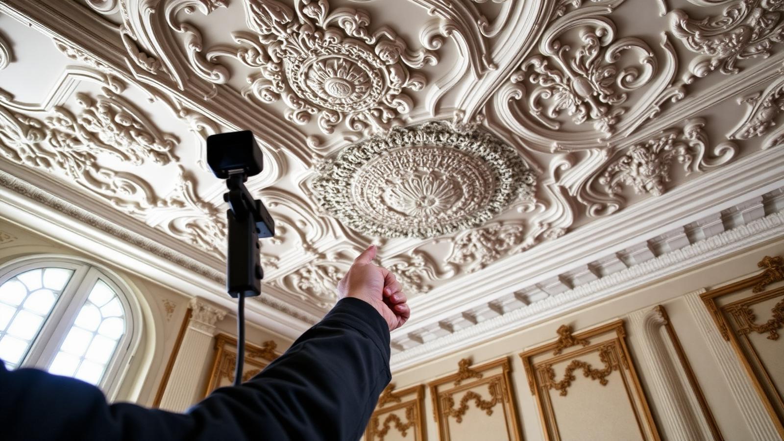Technicien GIC contrôlant un plafond à moulures dans une villa ancienne du Raincy