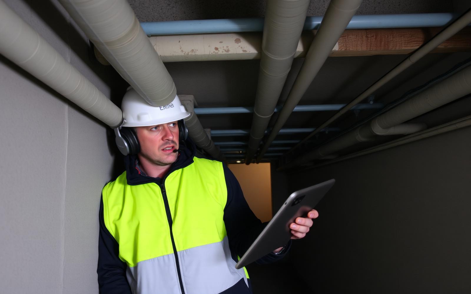 Technicien GIC en écoute acoustique dans le local technique d'un immeuble de Levallois-Perret