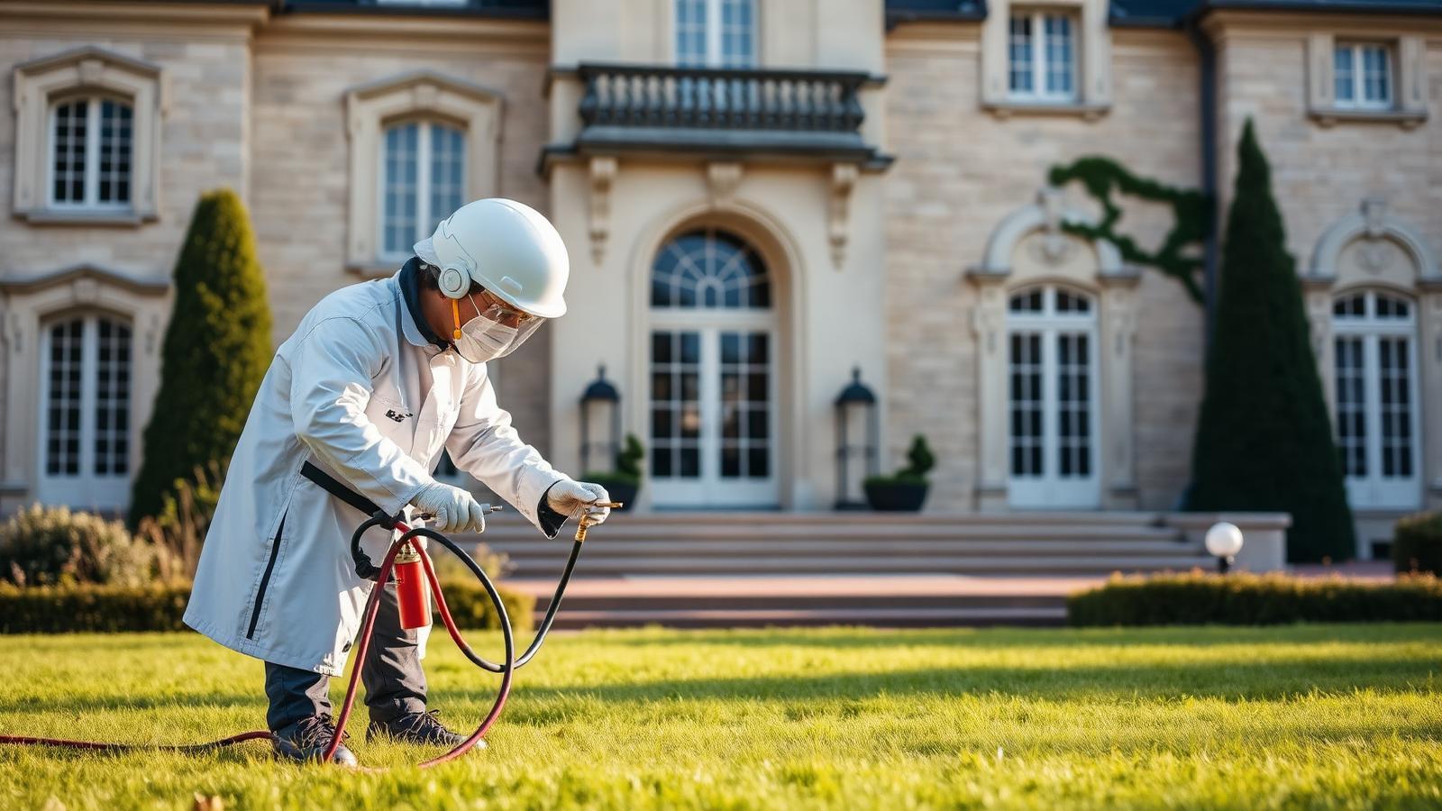 Technicien GIC injectant du gaz traceur sur la pelouse d'une villa de Maisons-Laffitte
