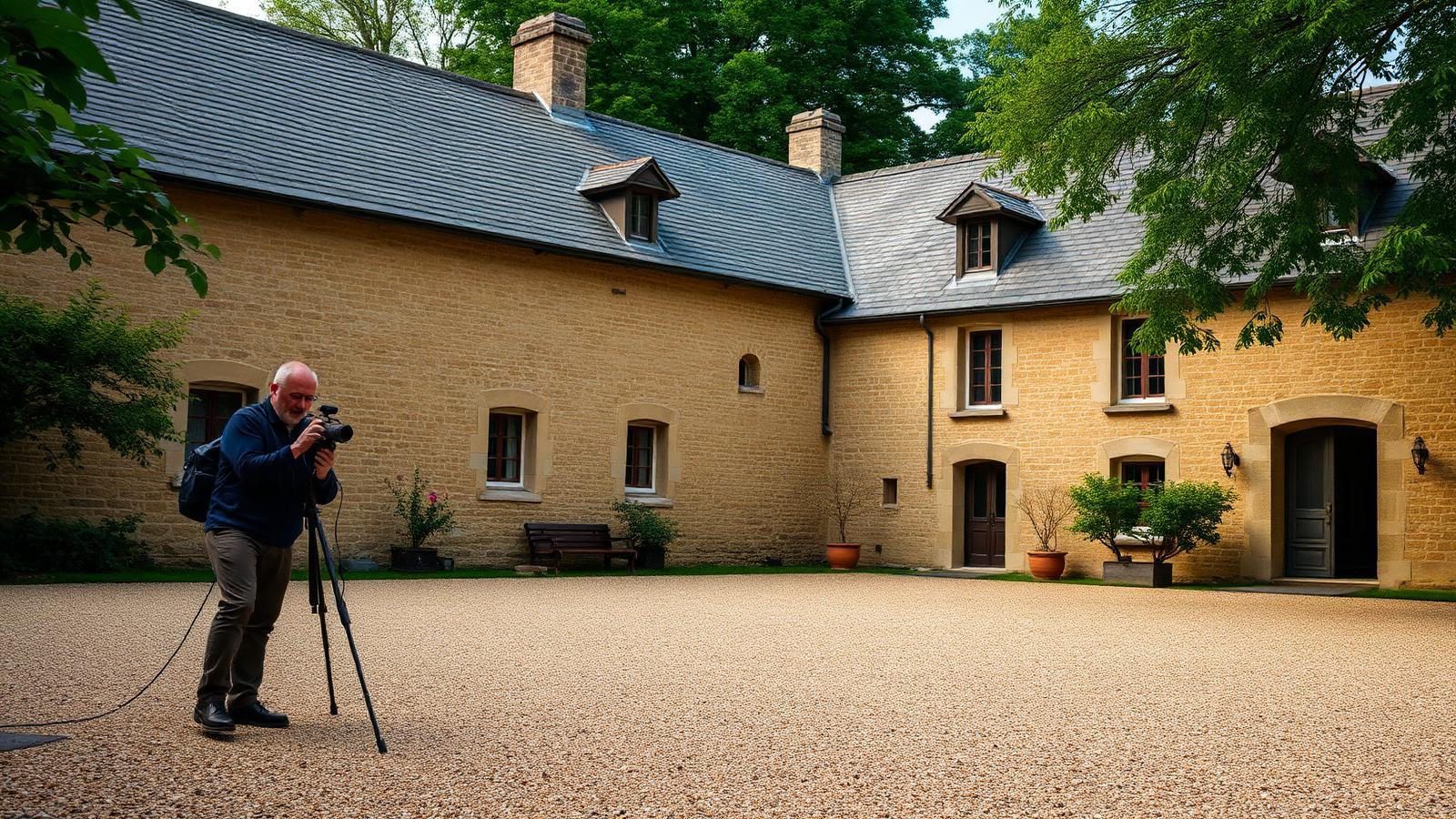 Technicien GIC en écoute au sol sur la cour gravillonnée d'une maison ancienne à Marly-le-Roi