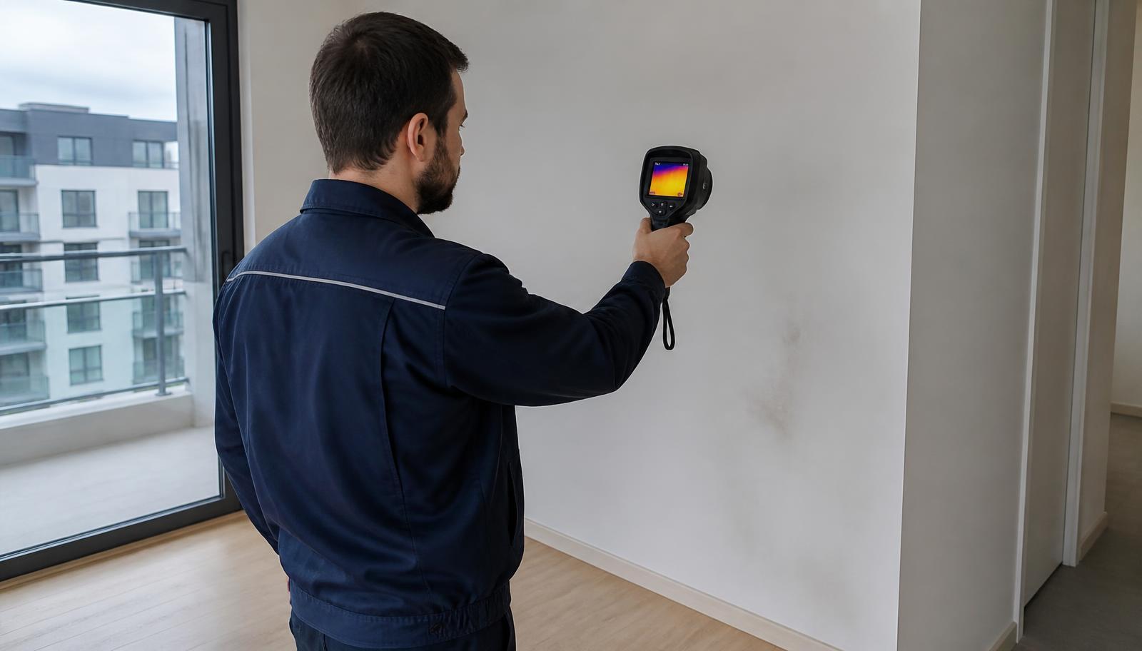 Technicien GIC utilisant une caméra thermique sur un mur d'appartement dans une copropriété récente à Massy