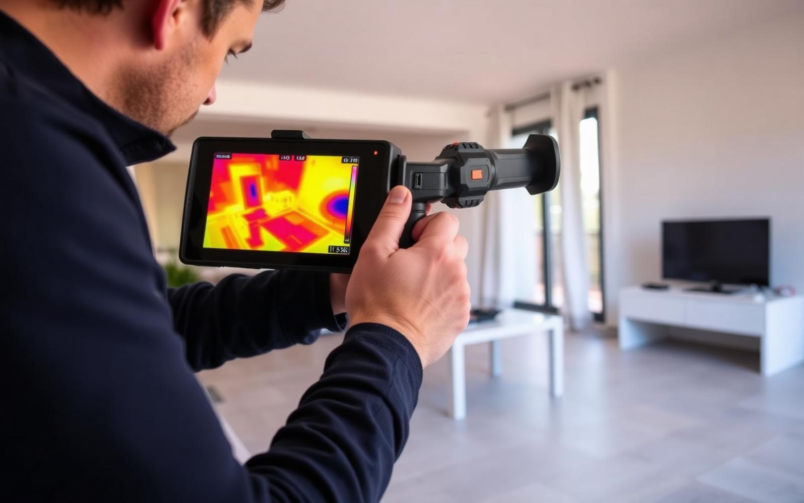 Technicien GIC contrôlant le sol carrelé d'un logement melunais avec une caméra thermique