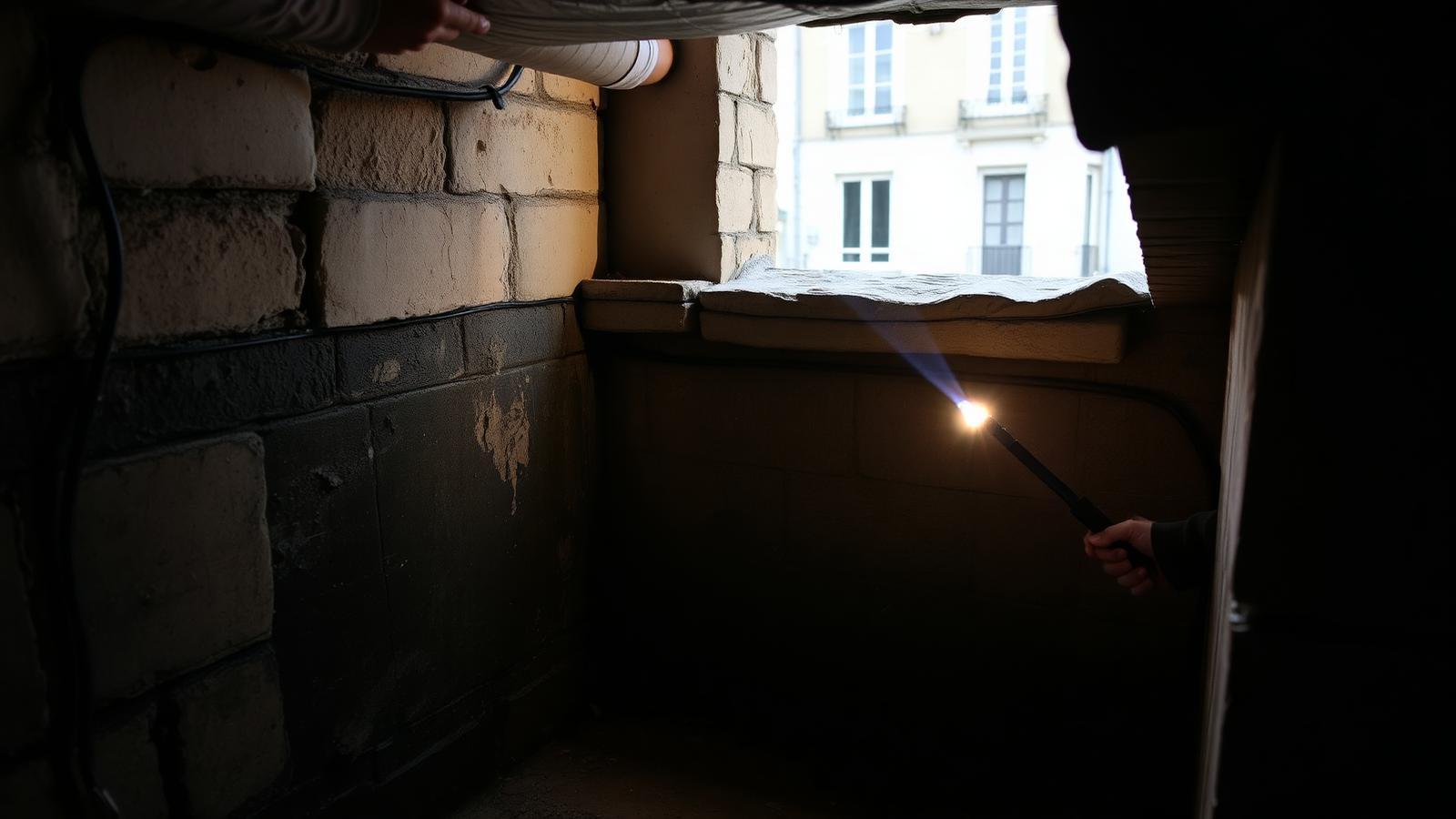 Technicien GIC contrôlant un sous-sol humide à Montereau-Fault-Yonne
