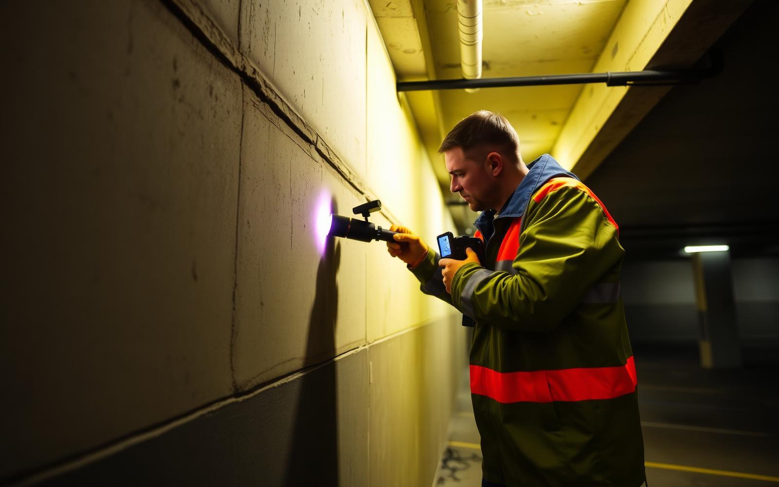 Technicien GIC inspectant un mur de parking souterrain avec une caméra thermique à Nanterre