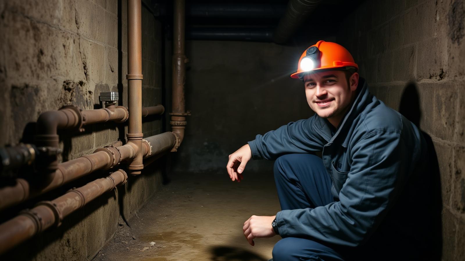 Technicien GIC inspectant des canalisations en fonte dans une cave à Noisy-le-Sec