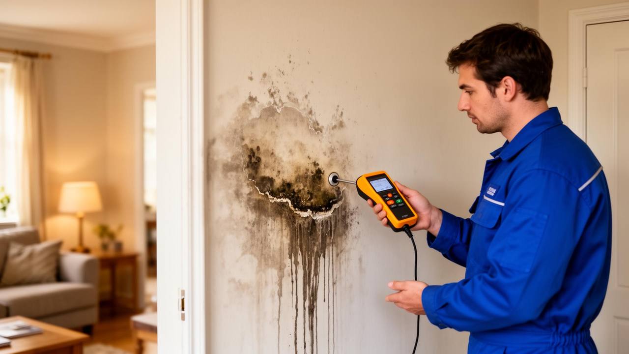 Technicien analysant l'humidité sur un mur avec un appareil de mesure dans une maison