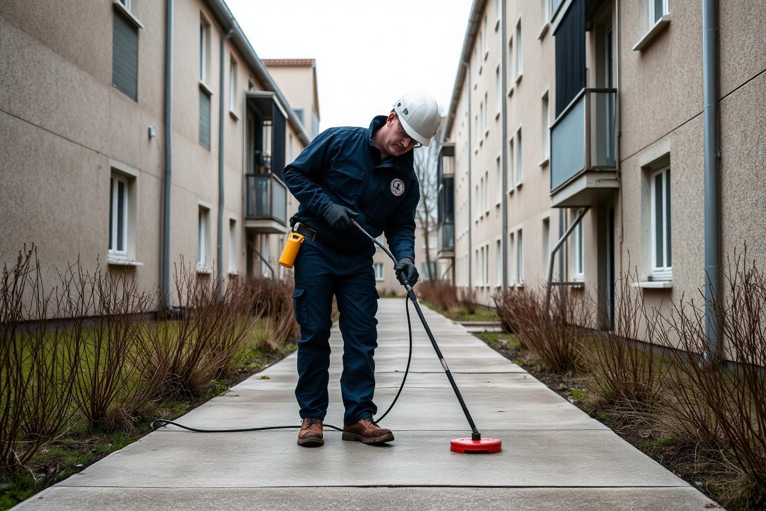 Technicien GIC en recherche de fuite devant une barre de logements à Orly