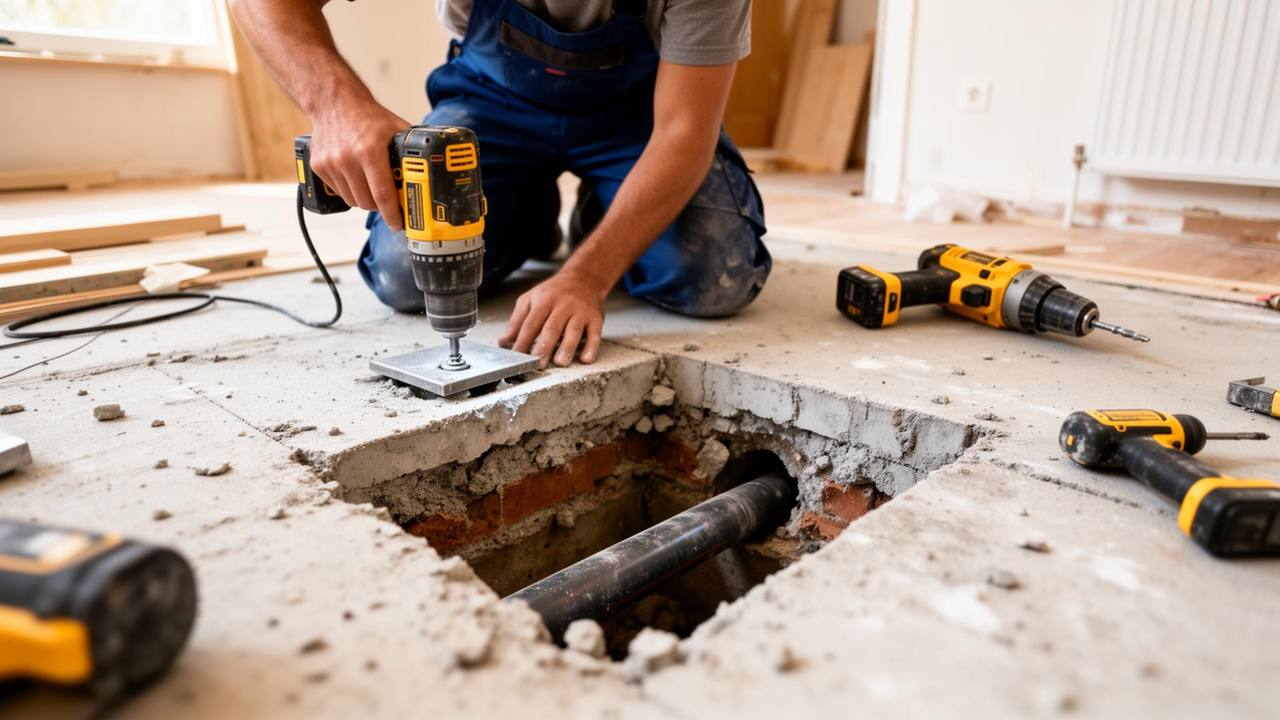 Ouverture de dalle pour accéder à une canalisation