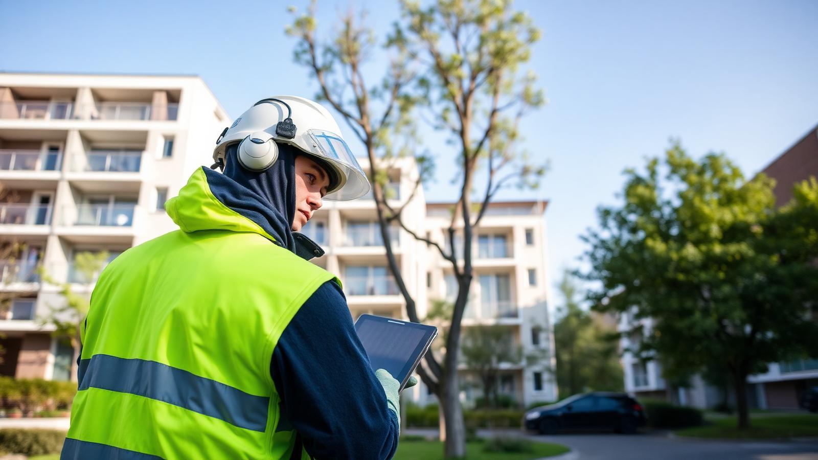 Technicien GIC en intervention de recherche de fuite devant des bâtiments résidentiels contemporains à Palaiseau