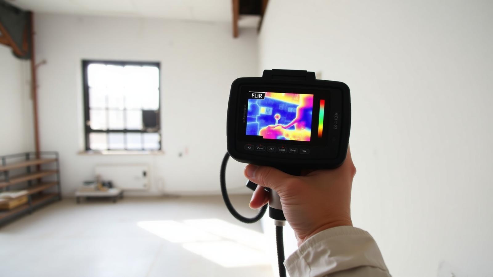 Technicien GIC utilisant une caméra thermique sur une cloison dans un logement réhabilité de Pantin