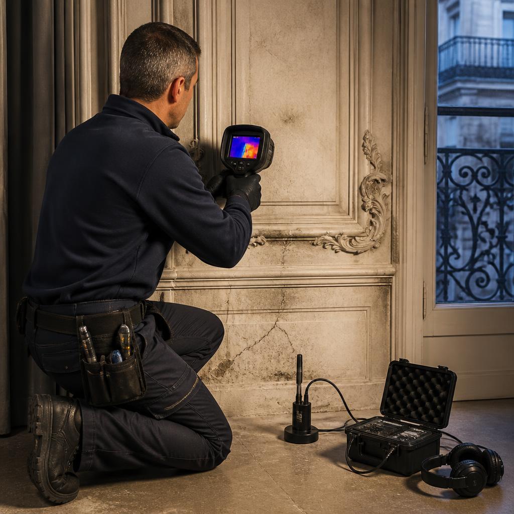 Technicien GIC Détect Fuite utilisant une caméra thermique FLIR sur un mur haussmannien à Paris