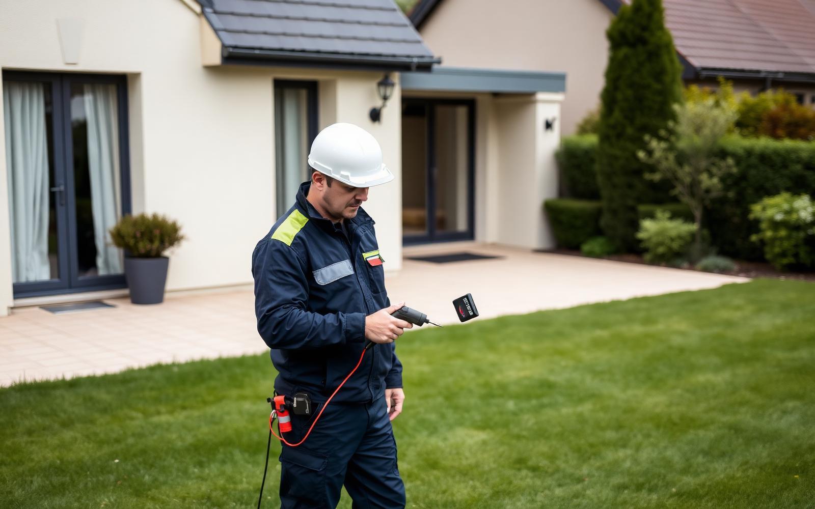 Technicien GIC réalisant une détection au gaz traceur sur la pelouse d'un pavillon à Pontault-Combault