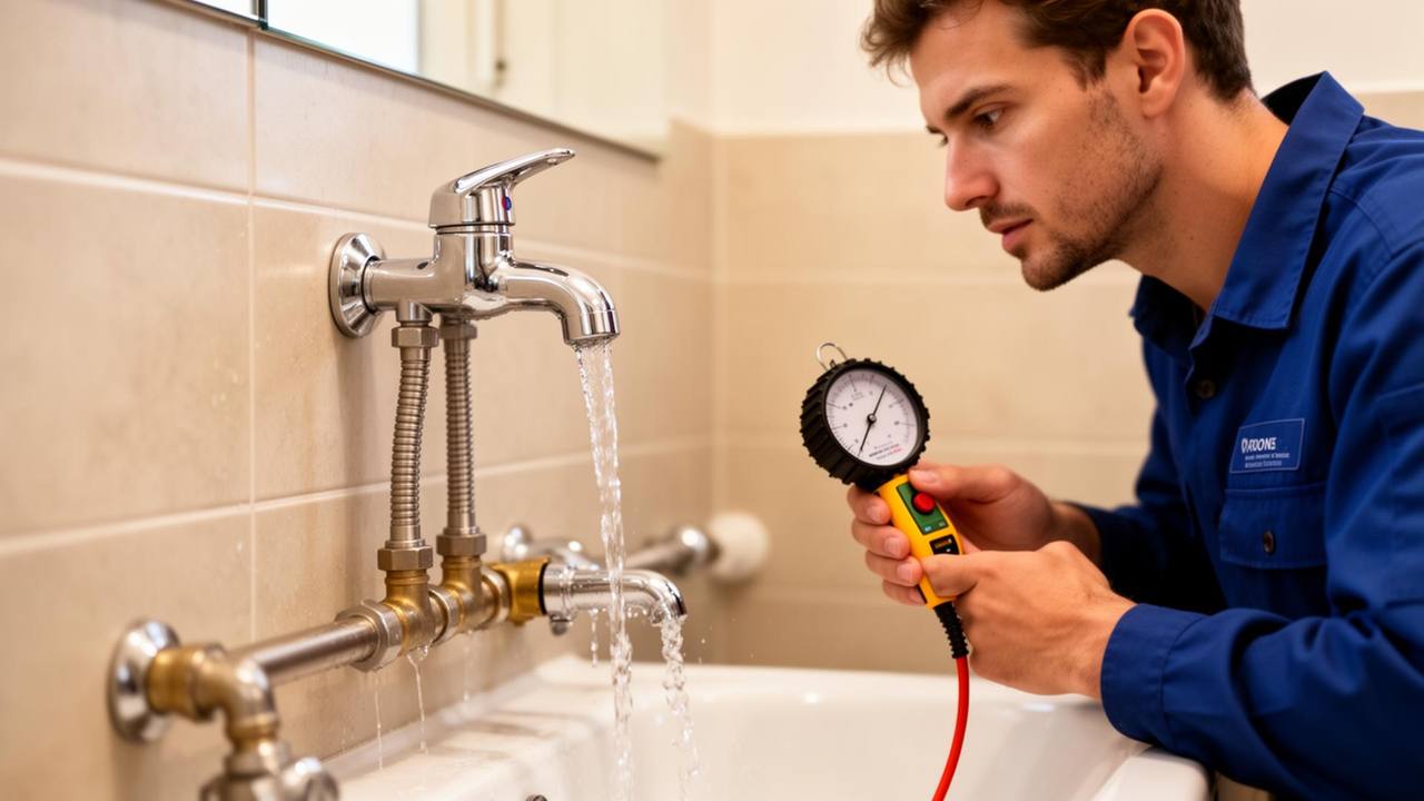 Technicien mesurant la pression d'eau sur un robinet avec un manomètre