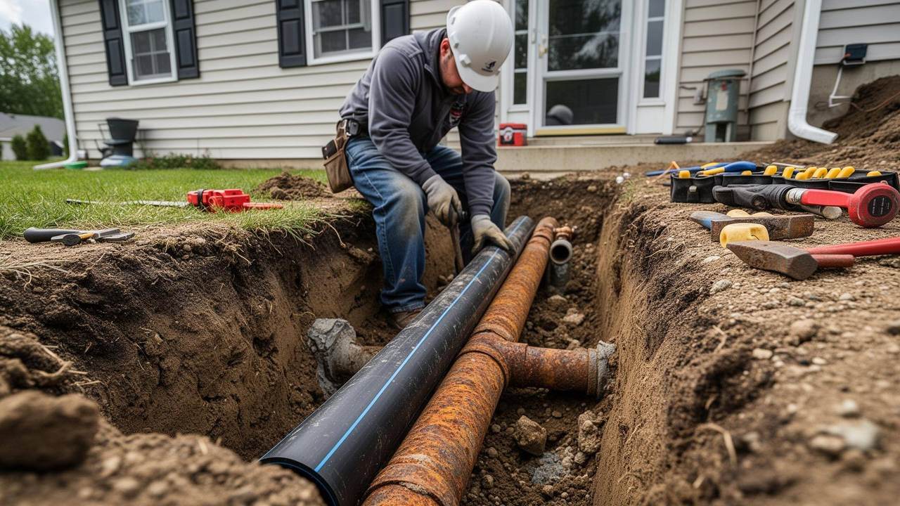 Technicien remplaçant une ancienne canalisation corrodée par une tuyauterie neuve en polyéthylène