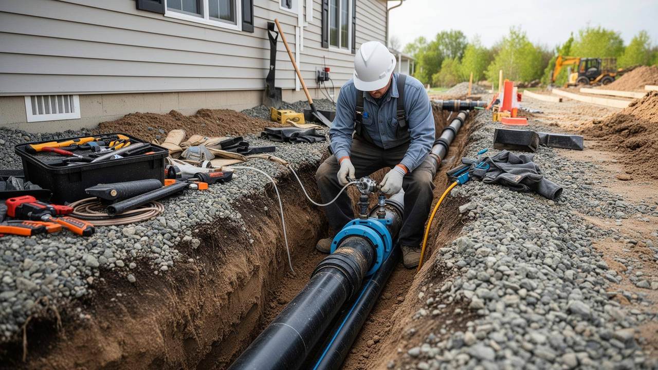 Technicien réparant une canalisation enterrée dans une tranchée près d'une maison
