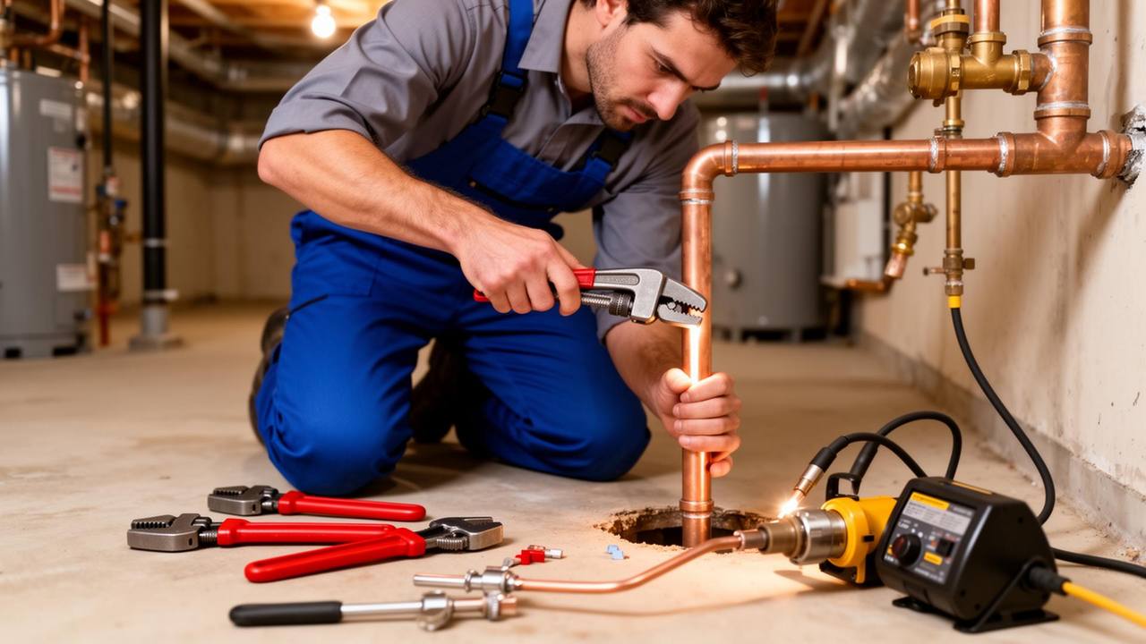 Technicien professionnel réparant une canalisation en cuivre dans un local technique
