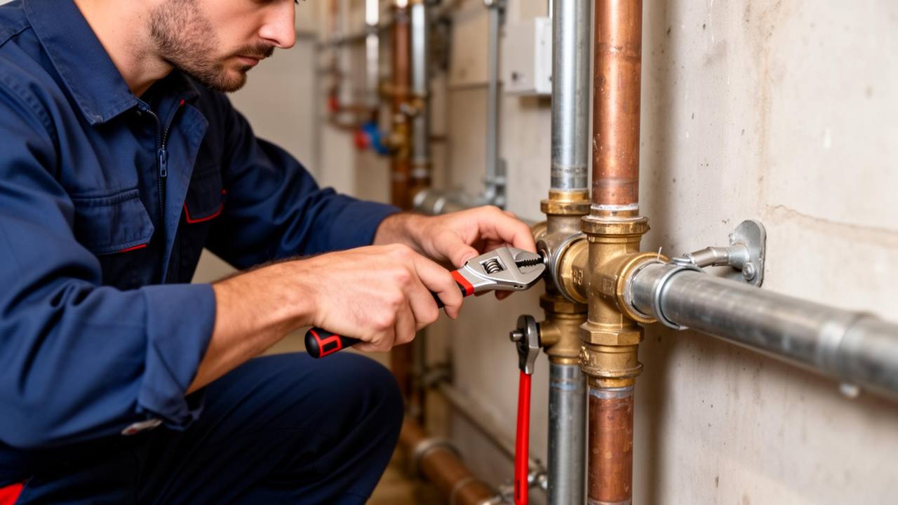 Technicien réparant un raccord de canalisation
