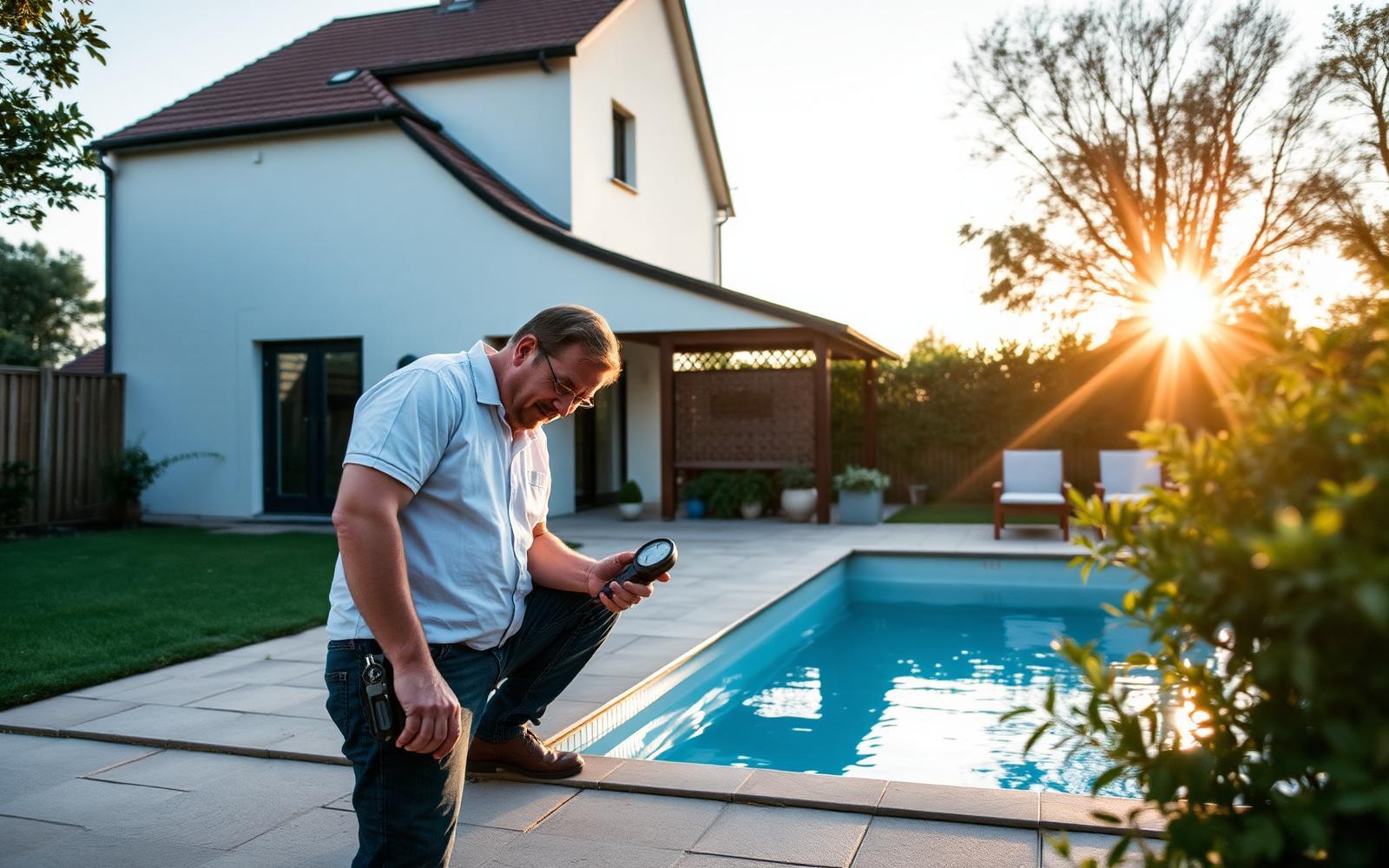 Technicien GIC contrôlant le local technique d'une piscine privée à Rueil-Malmaison