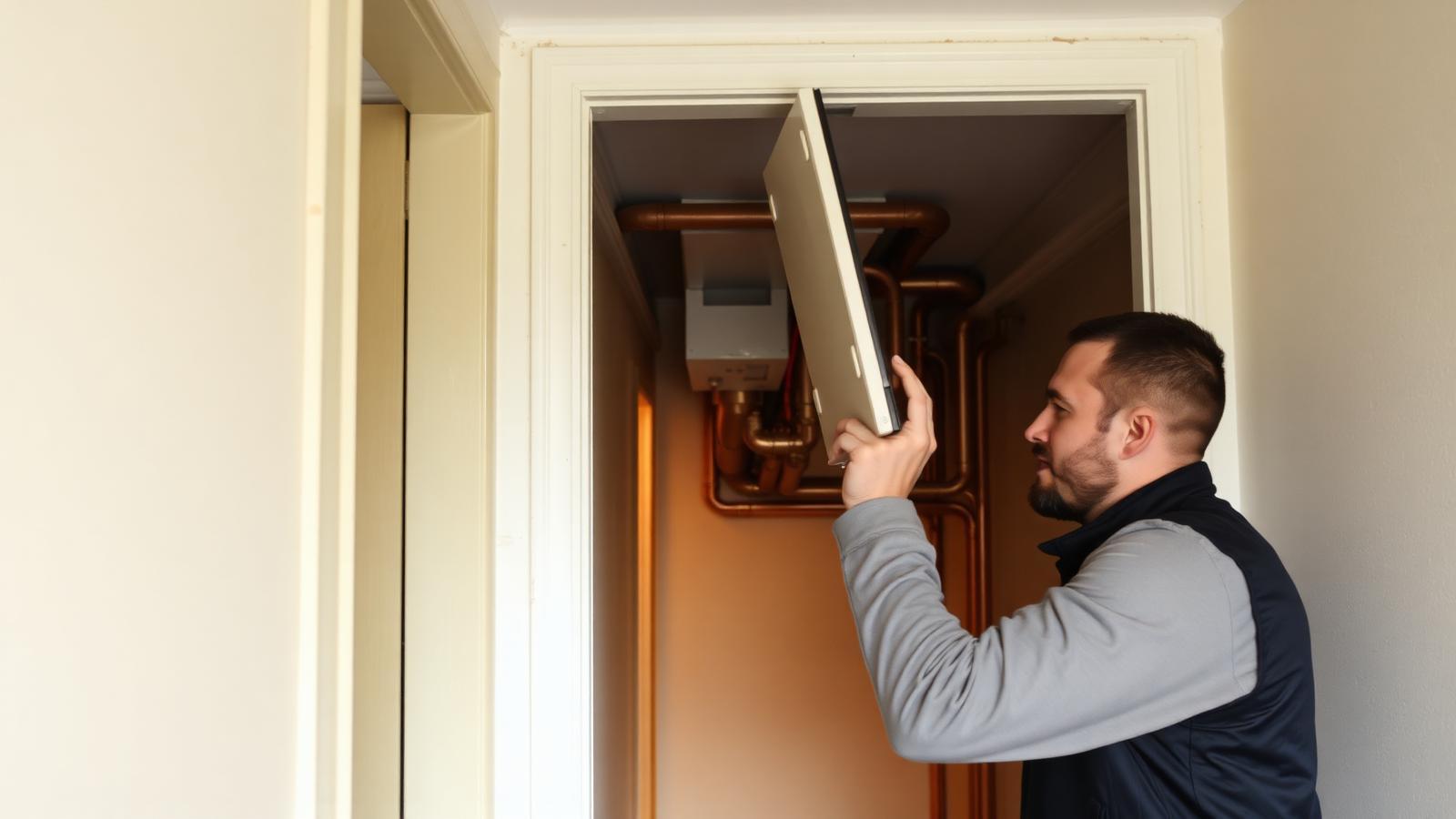 Technicien GIC ouvrant une trappe de gaine technique pour inspecter des colonnes montantes à Saint-Cyr-l'École