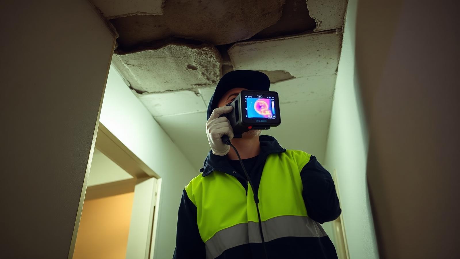 Technicien GIC contrôlant un plafond humide à la caméra thermique dans un immeuble de Saint-Denis