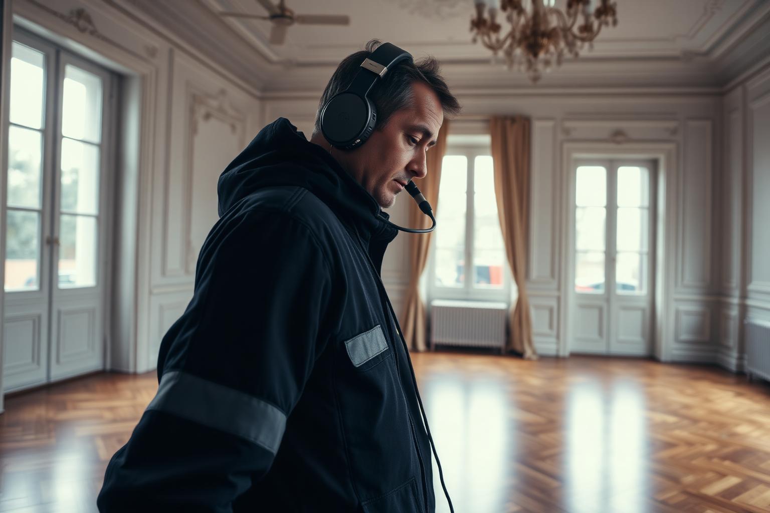 Technicien GIC en écoute acoustique sur le parquet d'un appartement bourgeois de Saint-Mandé